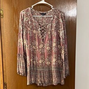 Pink Long Sleeve Tie Front Blouse with Pleats